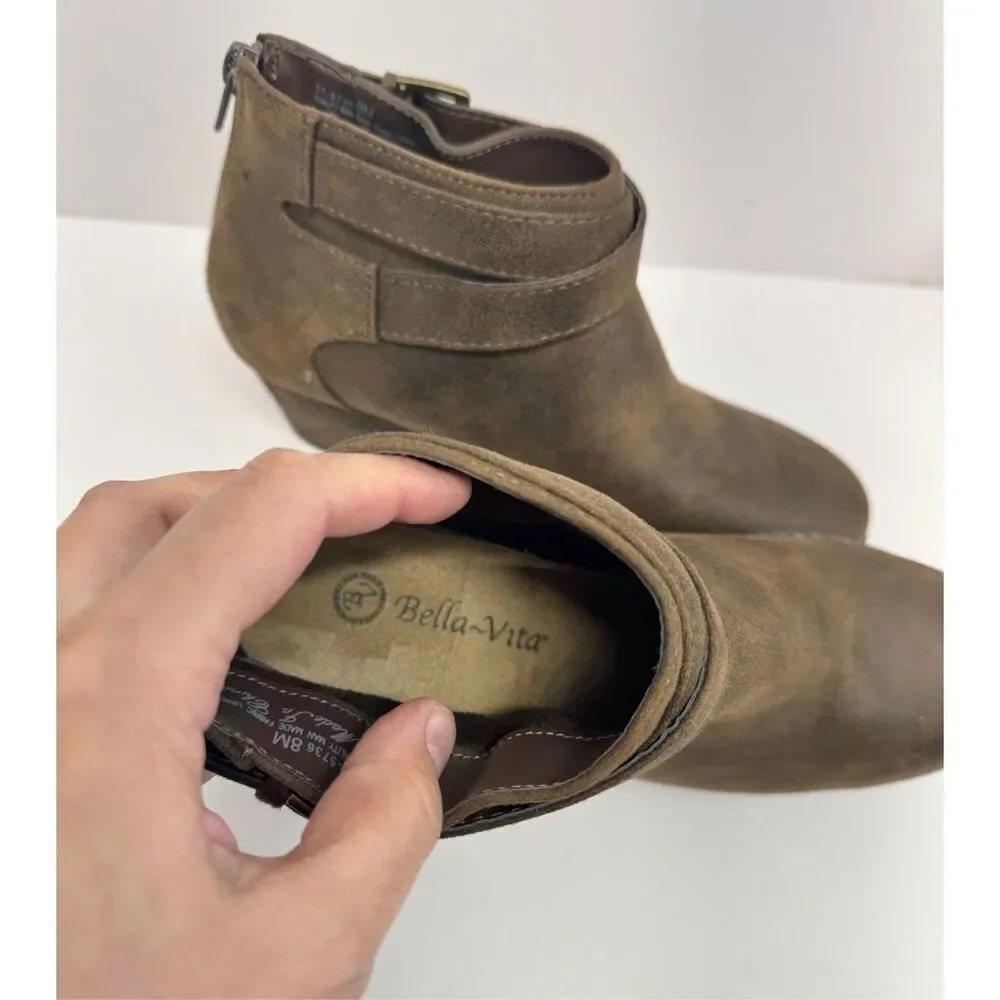 Bella Vita Boots Size 8 Brown Block Heel Ankle Zip Padded Insole Buckle‎ Detail